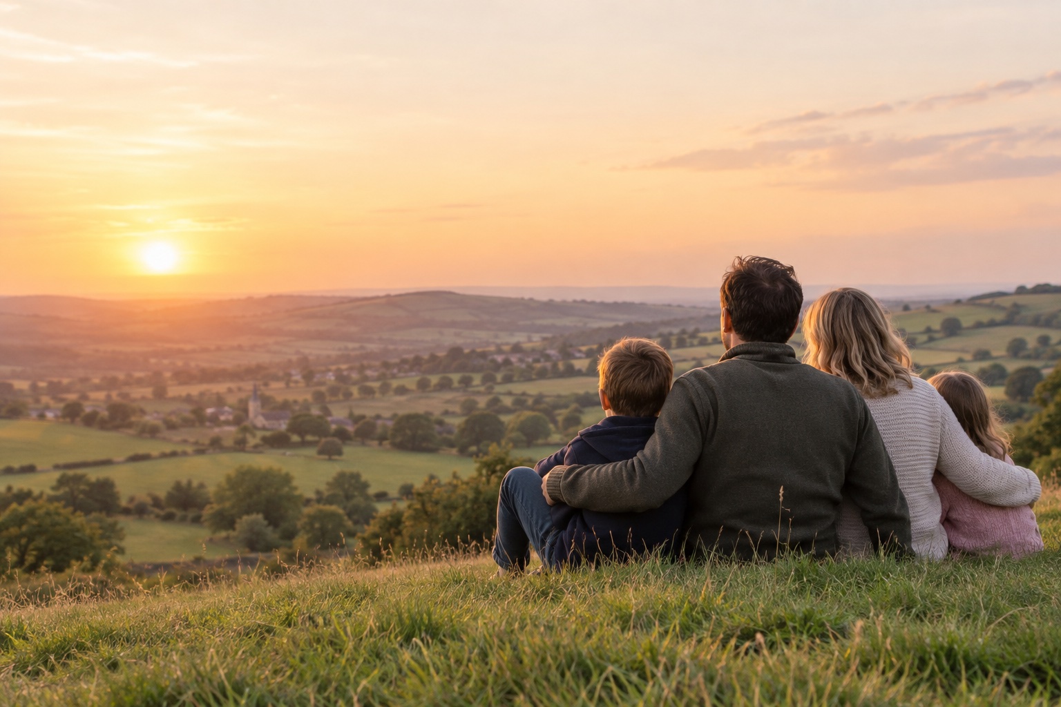 A family sitting together looking out over the countryside at sunset